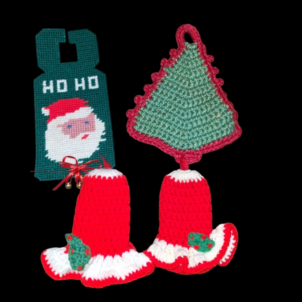 Set Of Vintage Christmas Needlepoint Doorknocker And Crocheted Bells And Tree